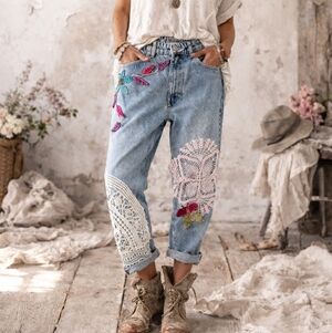 Reworked Boho Ankle Jeans Size 8 Butterfly Lace Applique Upcycled Handmade